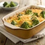 Baked cheddar broccoli casserole with melted cheese and crispy breadcrumb topping.