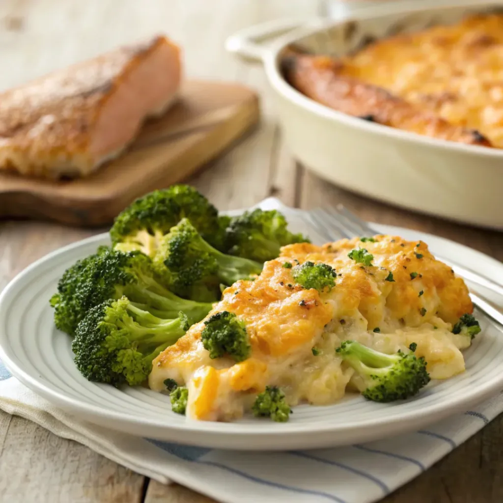 Serving of cheddar broccoli casserole paired with roasted chicken or baked salmon.