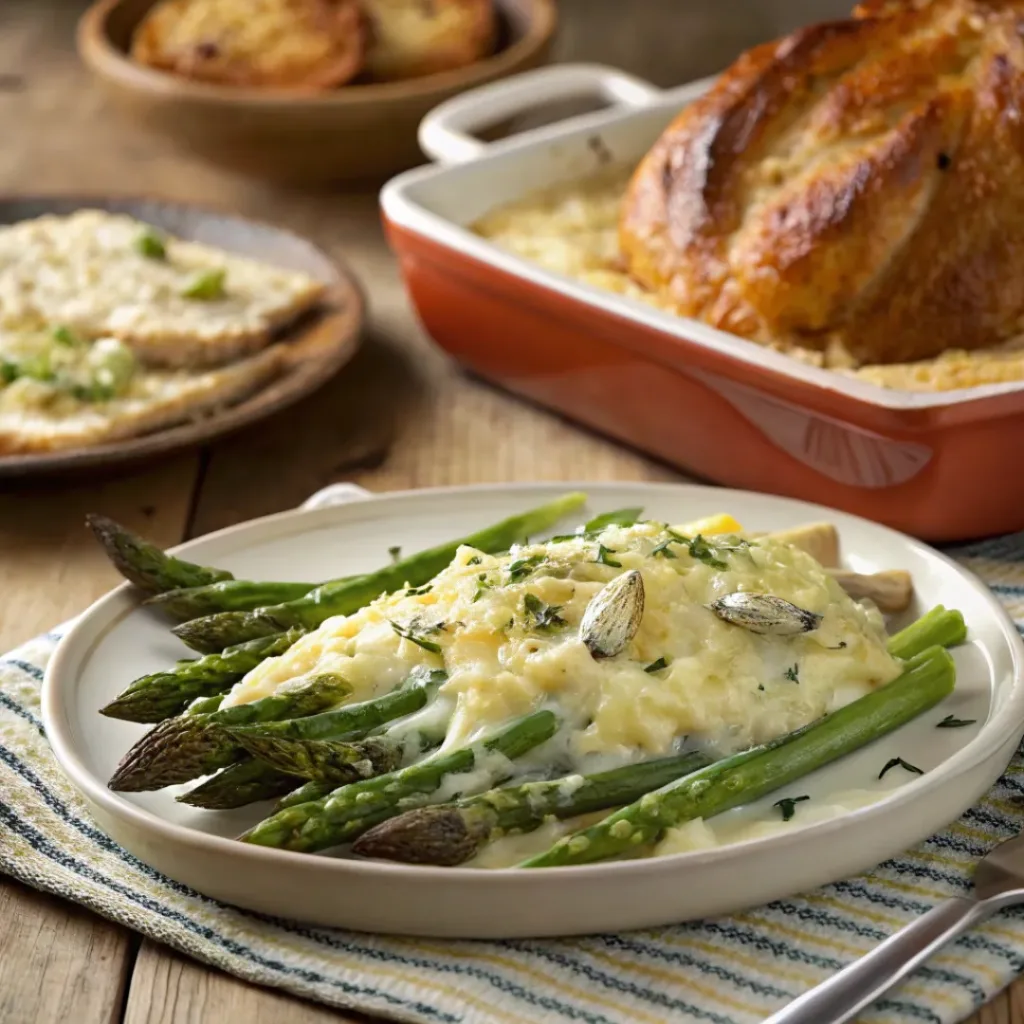 Serving of cheesy asparagus casserole paired with roasted chicken and bread.