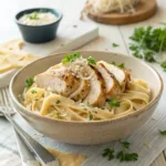 Creamy chicken Alfredo pasta with fettuccine and parmesan cheese.