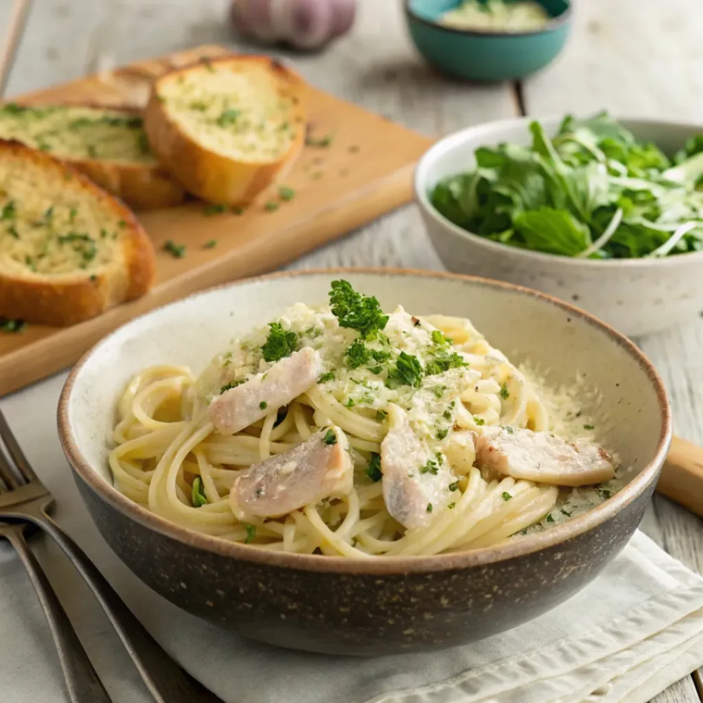 Chicken Alfredo pasta served with garlic bread and fresh salad.