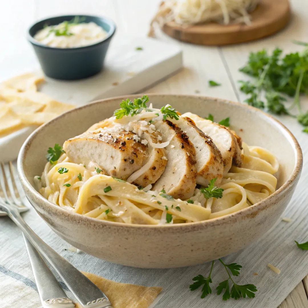 Creamy chicken Alfredo pasta with fettuccine and parmesan cheese.
