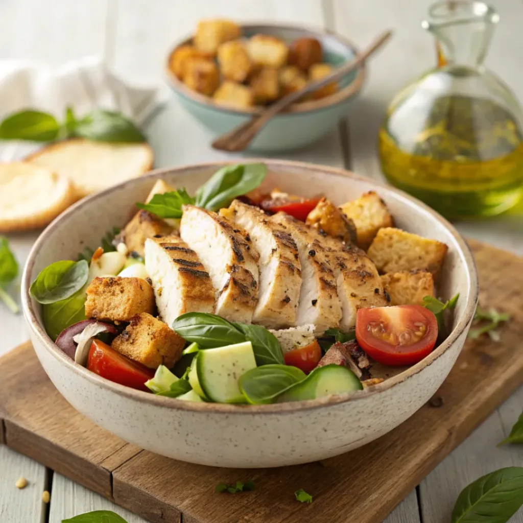 Chicken panzanella salad with grilled chicken, tomatoes, and toasted bread.