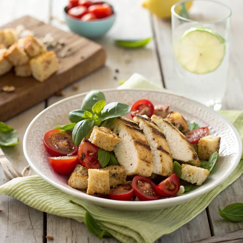 Chicken panzanella salad served with grilled chicken and crusty bread pieces.