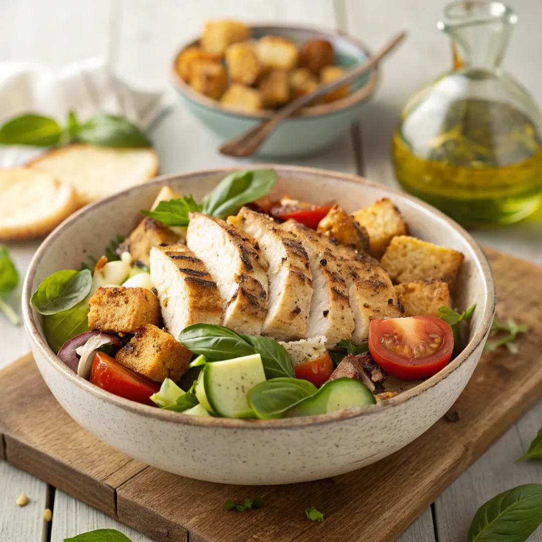 Chicken panzanella salad with grilled chicken, tomatoes, and toasted bread.