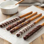 Chocolate covered pretzel rods decorated with sprinkles and drizzled chocolate.