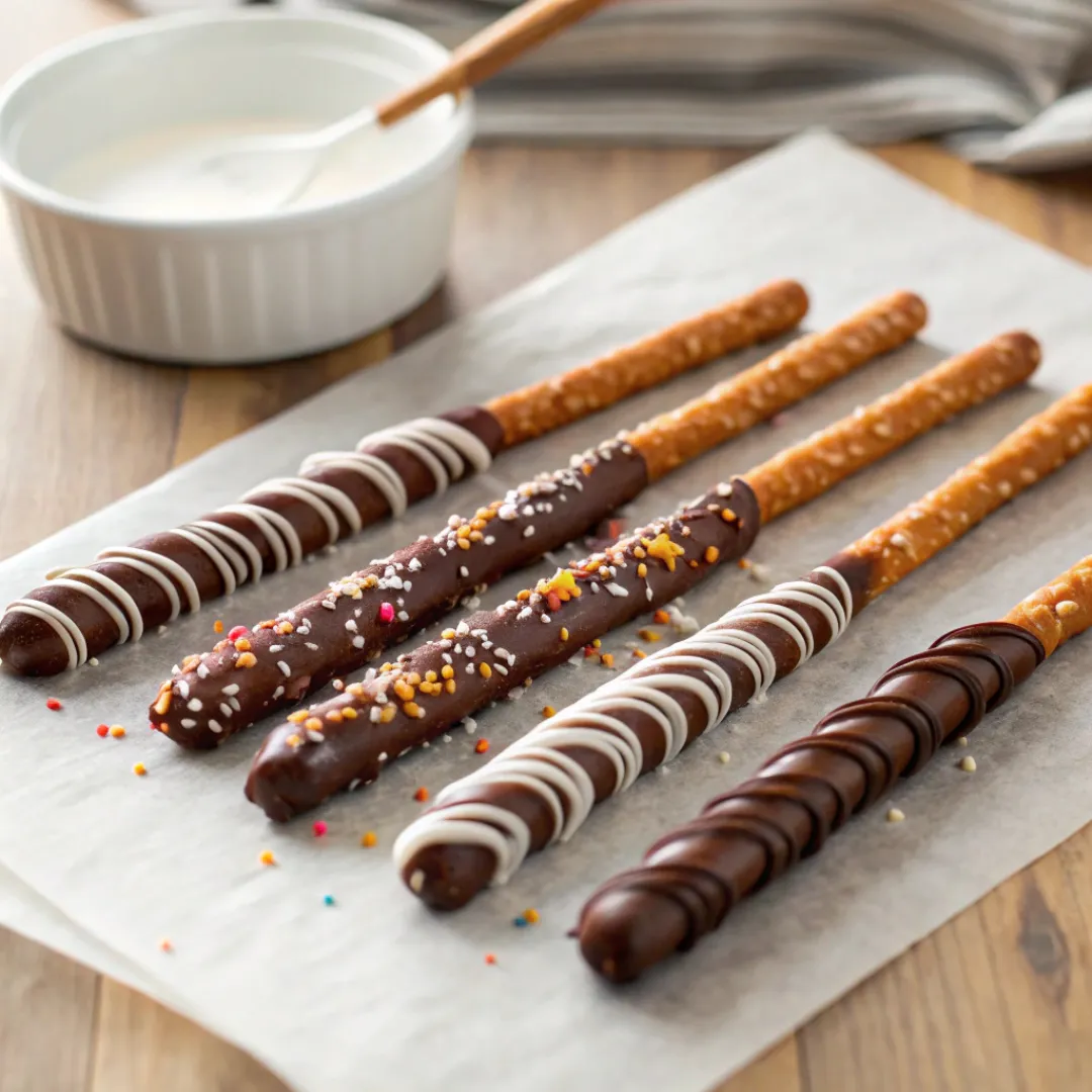 Chocolate covered pretzel rods decorated with sprinkles and drizzled chocolate.