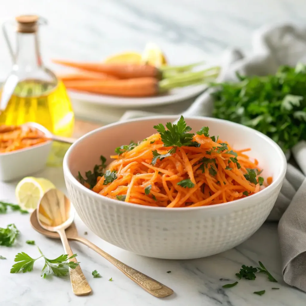 Fresh grated carrot salad with parsley and lemon vinaigrette in a white bowl.