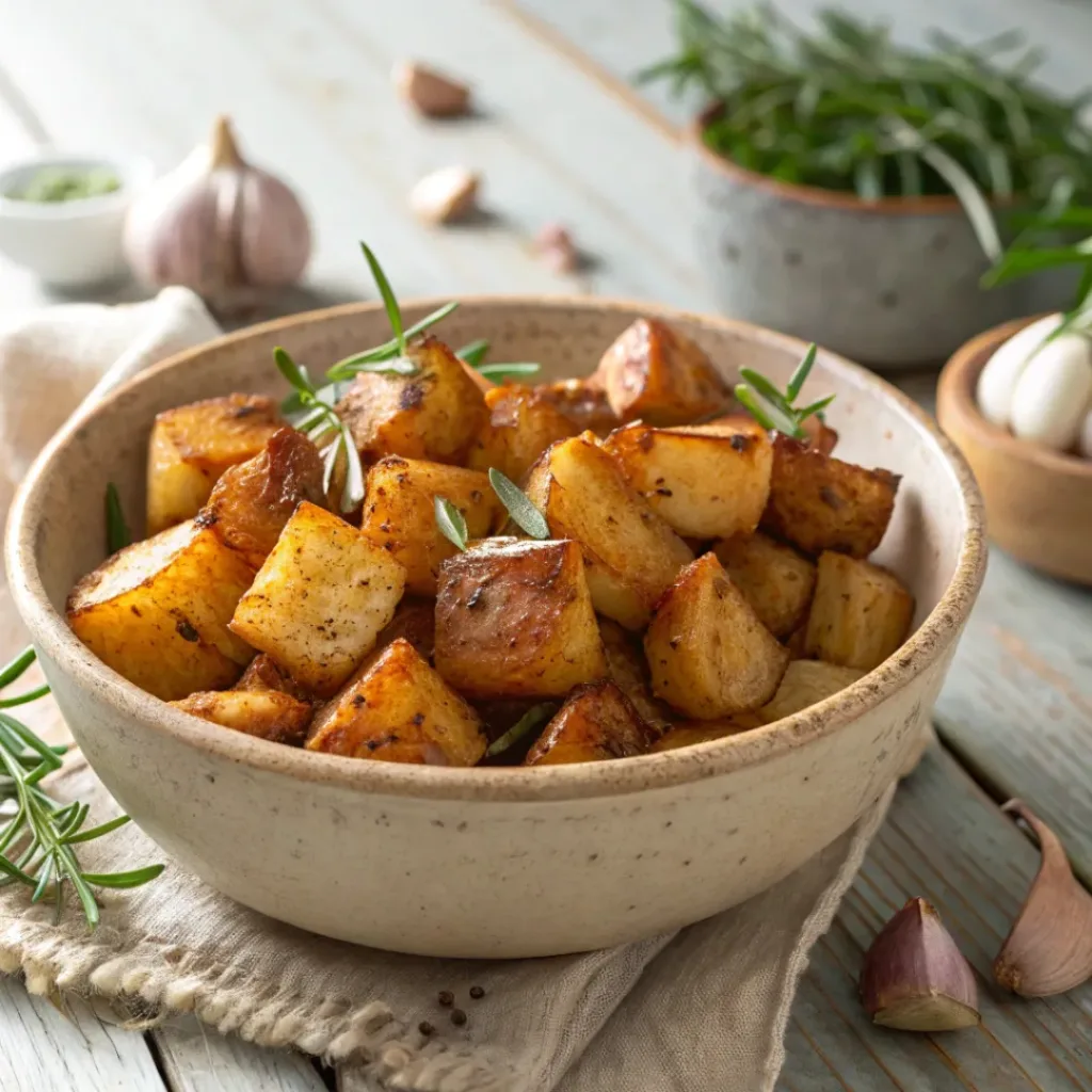 Crispy cottage potatoes roasted with herbs and garlic in a rustic bowl.