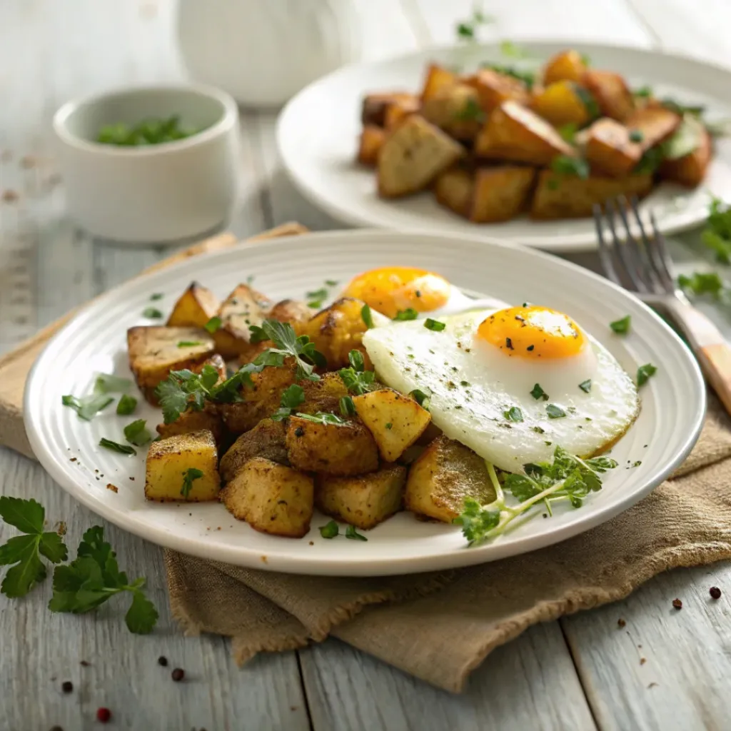 Cottage potatoes served with fried eggs and fresh herbs on a breakfast plate.