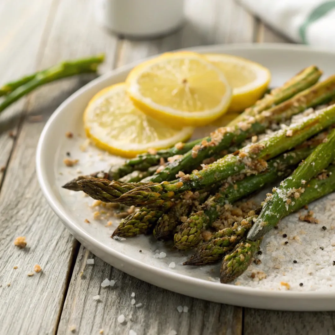 Golden-brown asparagus spears cooked in an air fryer, served on a plate with lemon wedges.