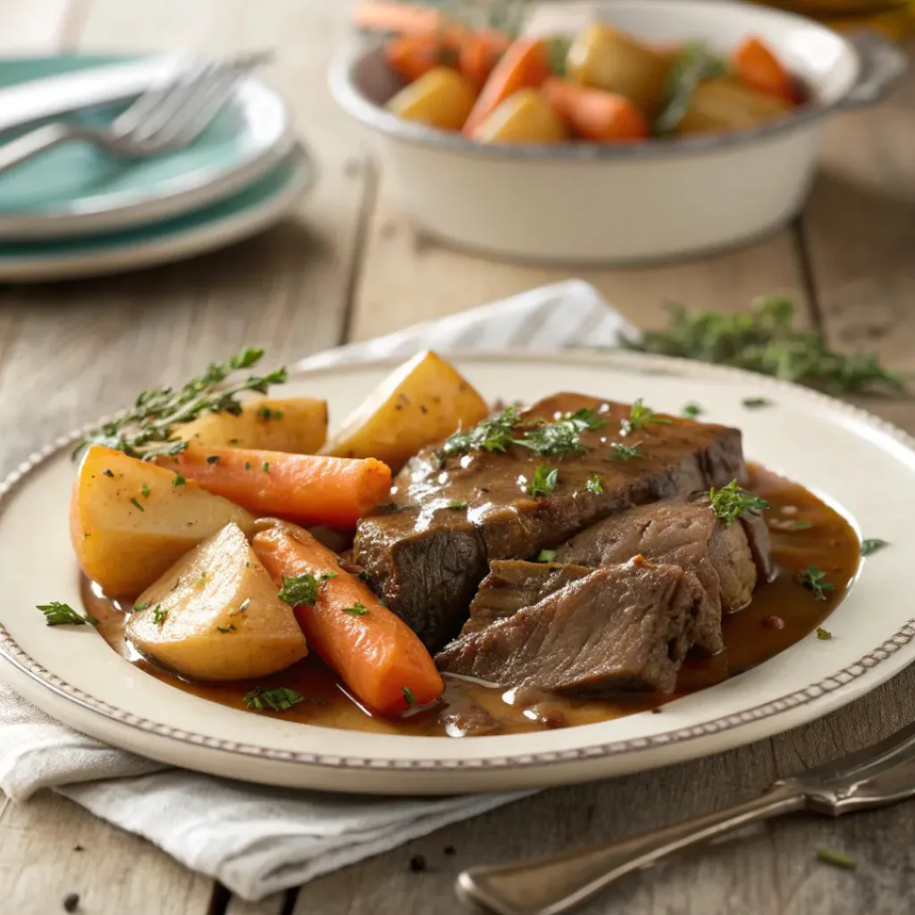 Pot roast with carrots and potatoes served on a plate with gravy.