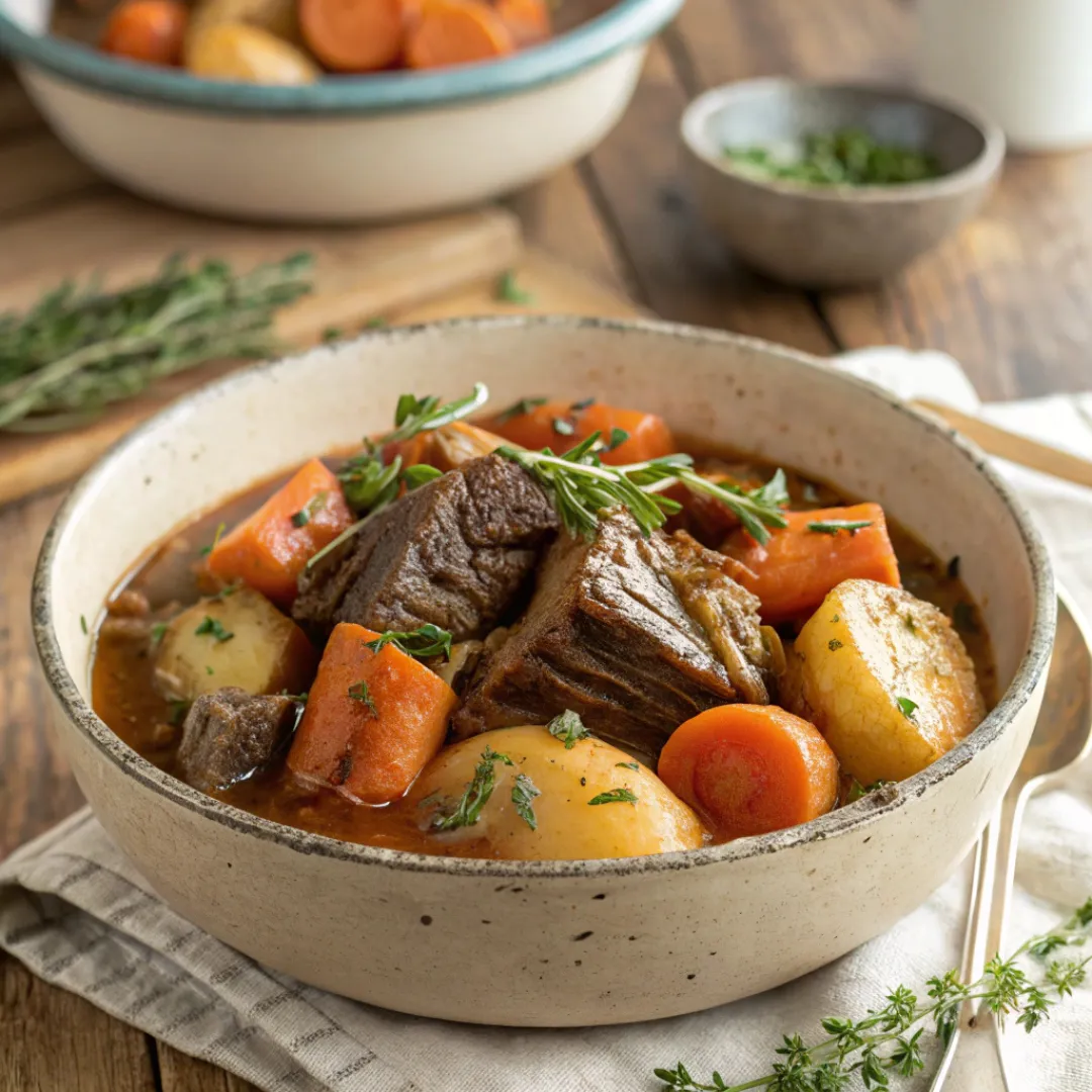 Tender crockpot pot roast with carrots and potatoes in rich gravy.