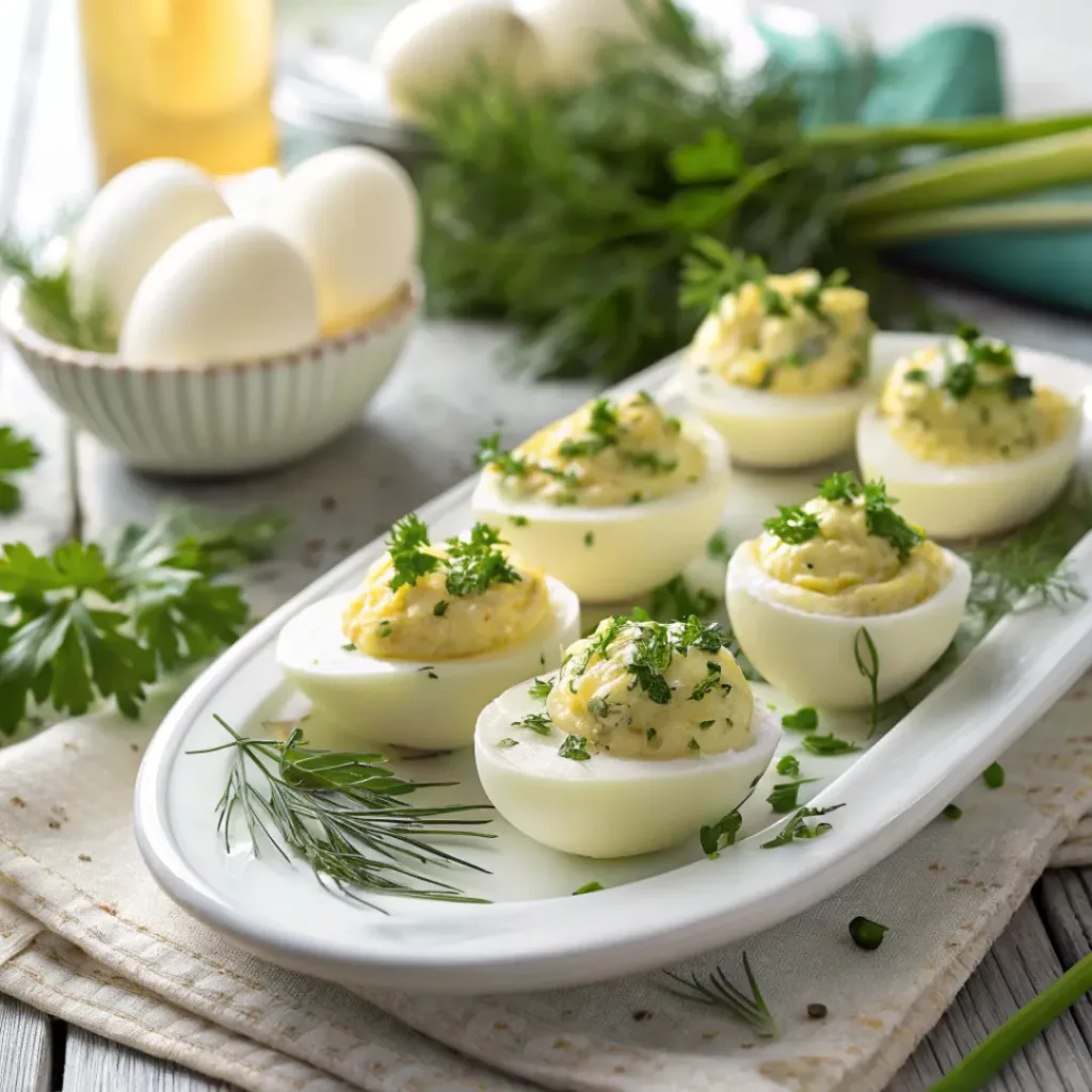 Home 6 Creamy deviled eggs topped with fresh spring herbs.