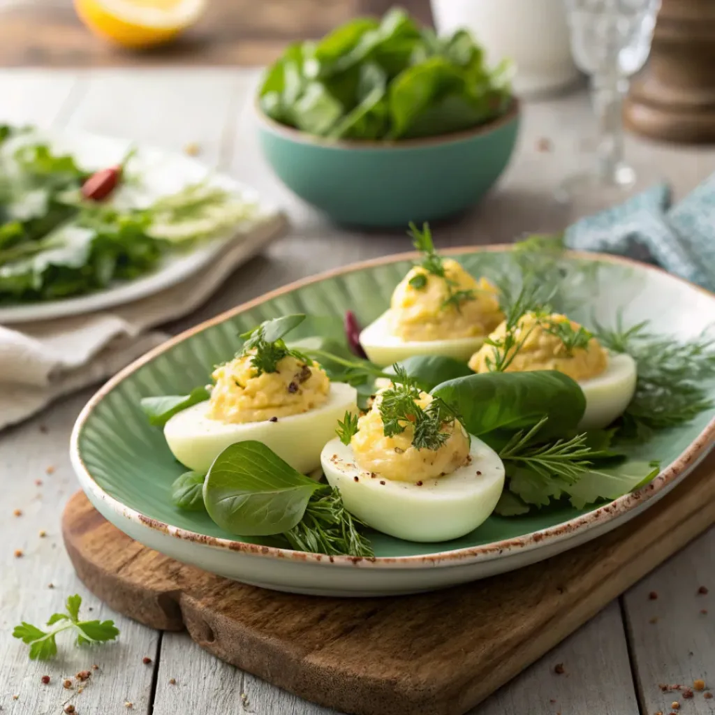Deviled Eggs with Spring Herb – Fresh & Flavorful Appetizer 8 Deviled eggs with spring herbs on a serving plate with fresh greens.