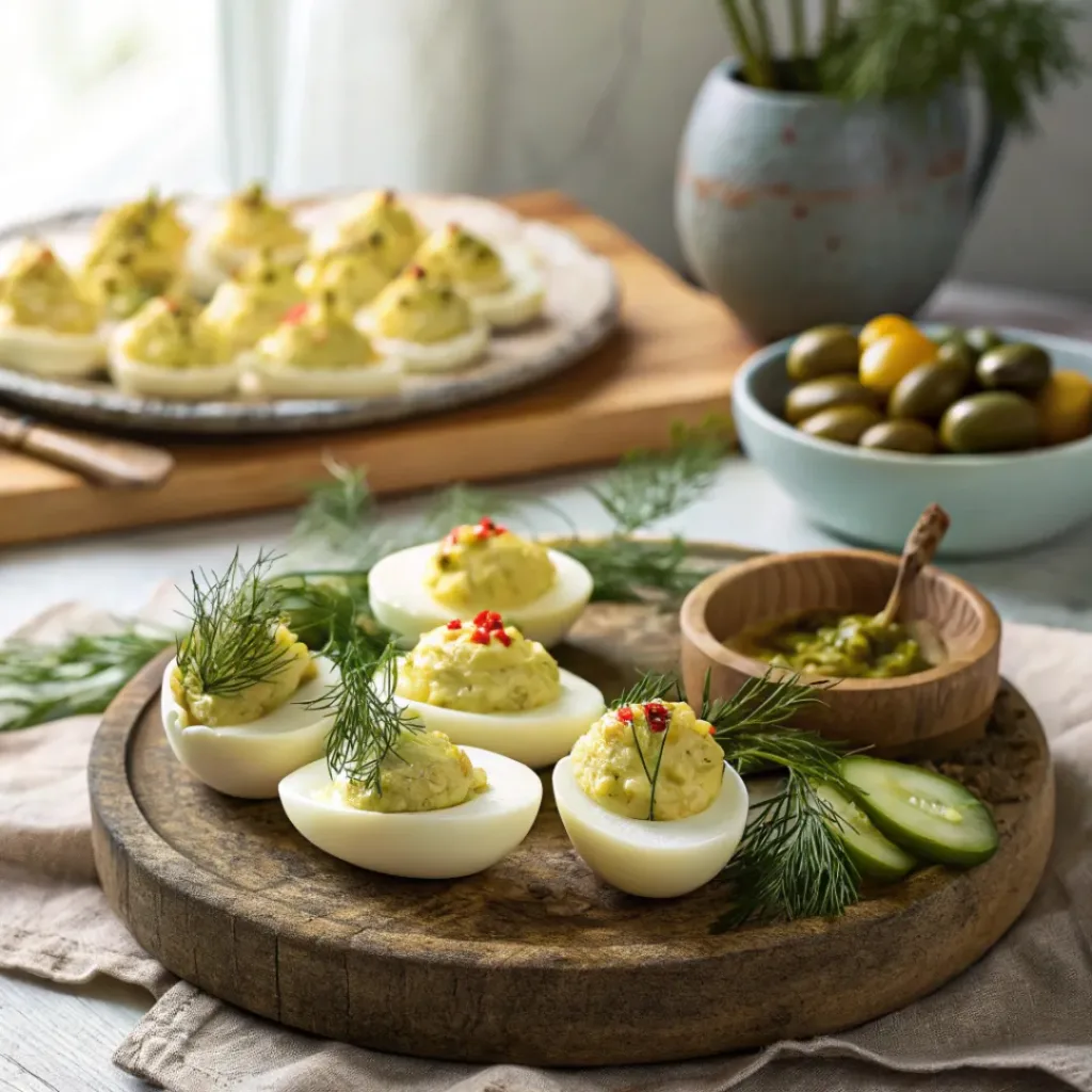 Plate of dill pickle deviled eggs served with pickled vegetables.