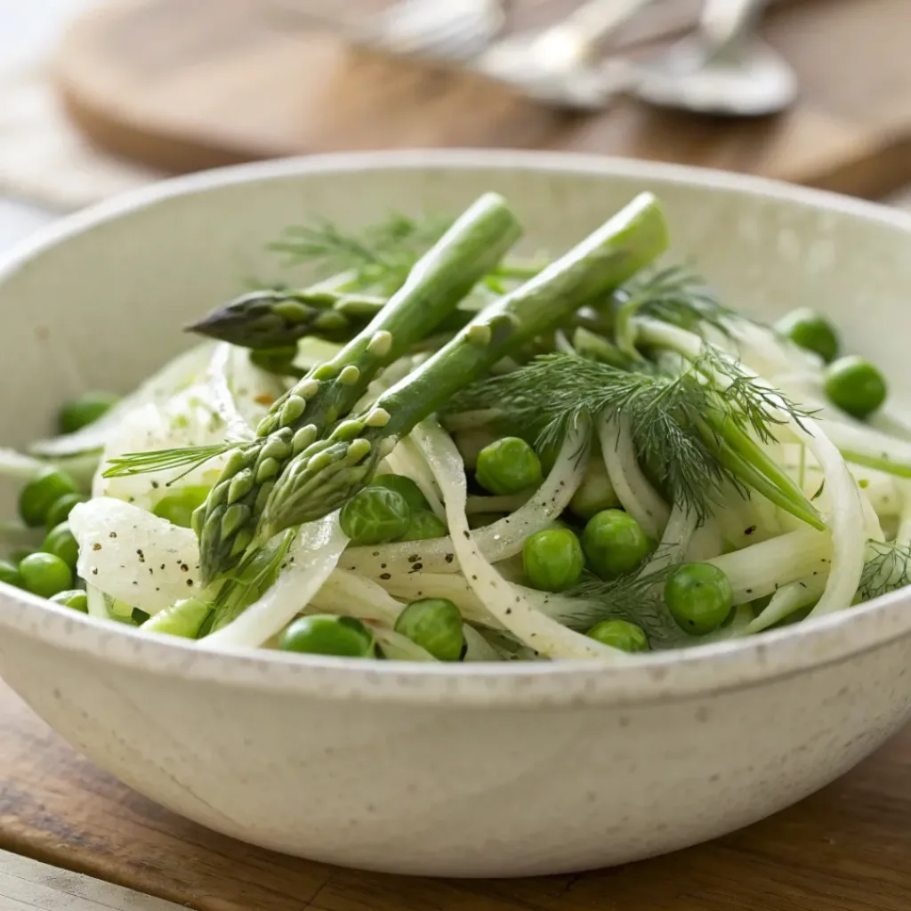 Fresh fennel salad with green peas, asparagus, and herbs in a bowl.