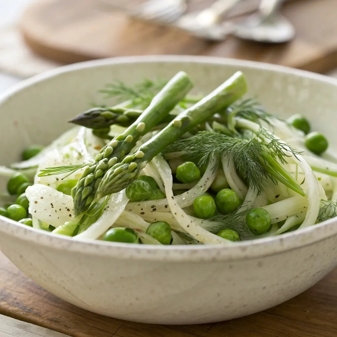 Fresh fennel salad with green peas, asparagus, and herbs in a bowl.
