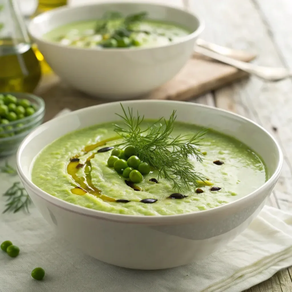 Creamy green fennel and pea soup served in a white bowl with fresh herbs.