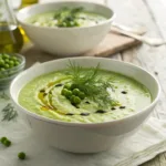 Creamy green fennel and pea soup served in a white bowl with fresh herbs.