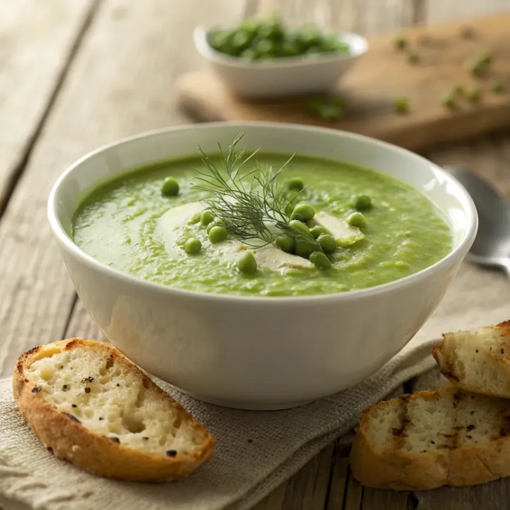 Fennel and pea soup served in a bowl with a slice of crusty bread on the side.