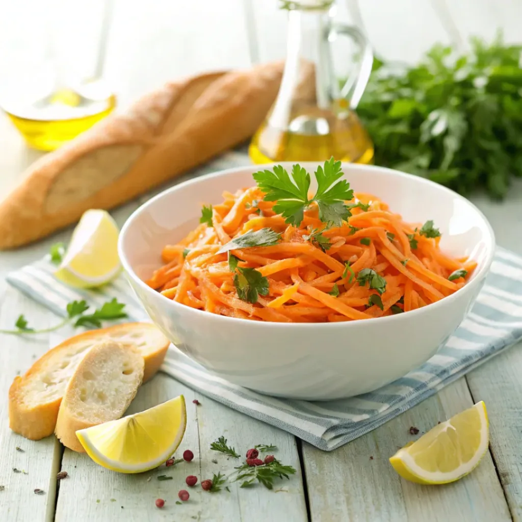 French carrot salad served as a side dish with lemon wedges and herbs.