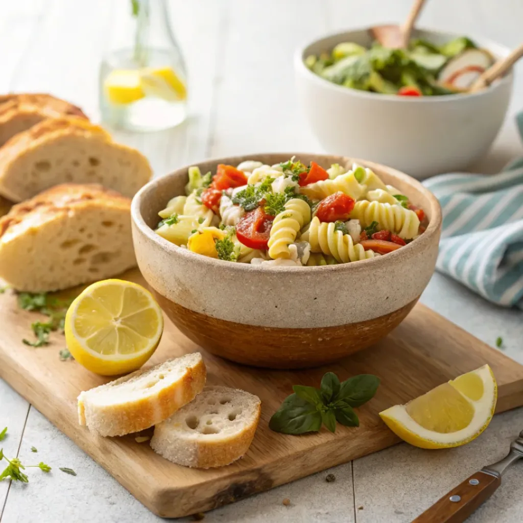 Pasta Salad – Fresh & Flavorful Summer Side 8 Colorful pasta salad in rustic bowl with lemon wedges