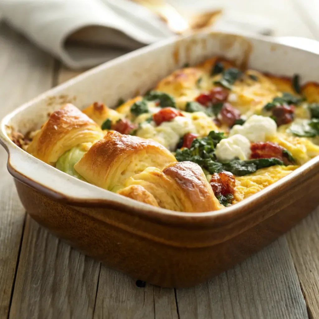 Greek croissant egg casserole with spinach, feta, and sun-dried tomatoes baked to golden perfection.