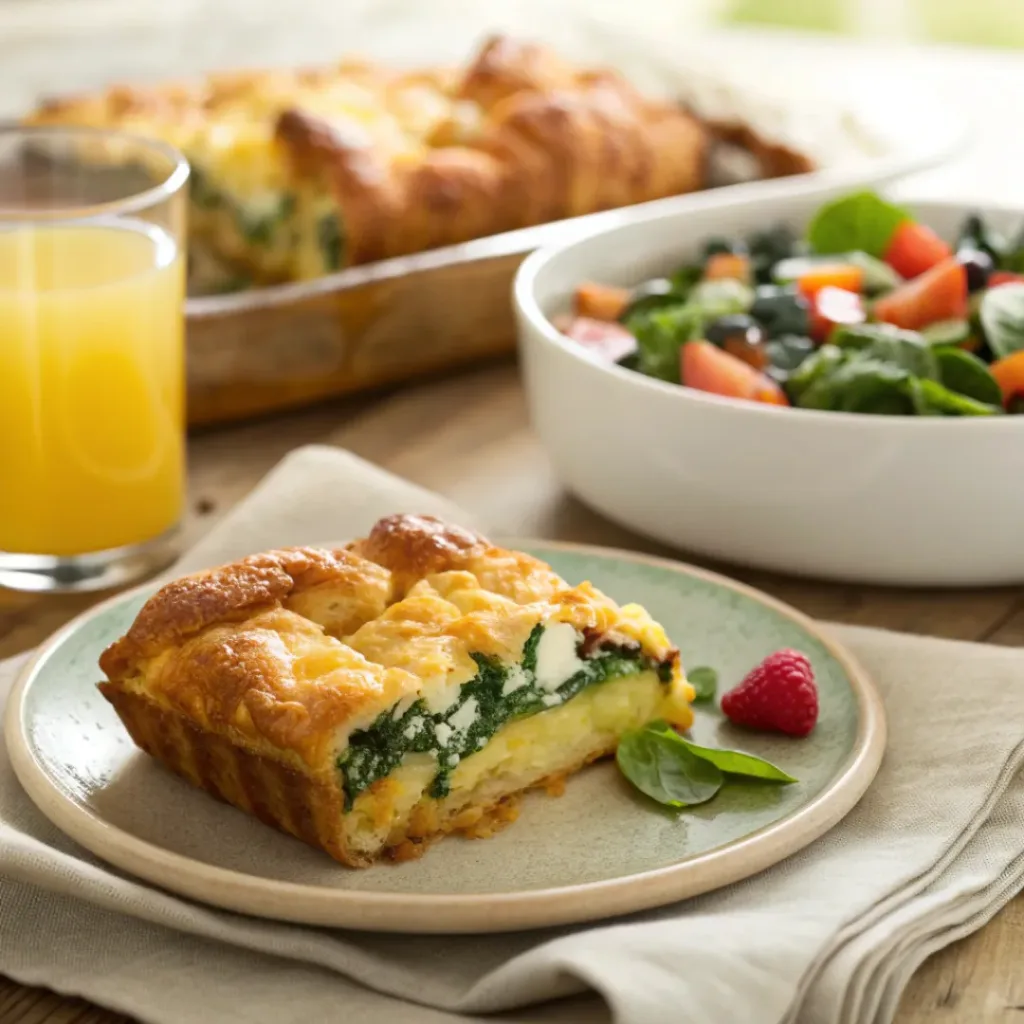 Greek croissant egg casserole served with fresh fruit and salad on a brunch table.