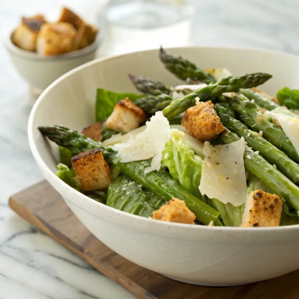 Grilled asparagus Caesar salad with romaine, croutons, Parmesan, and creamy dressing in a bowl.