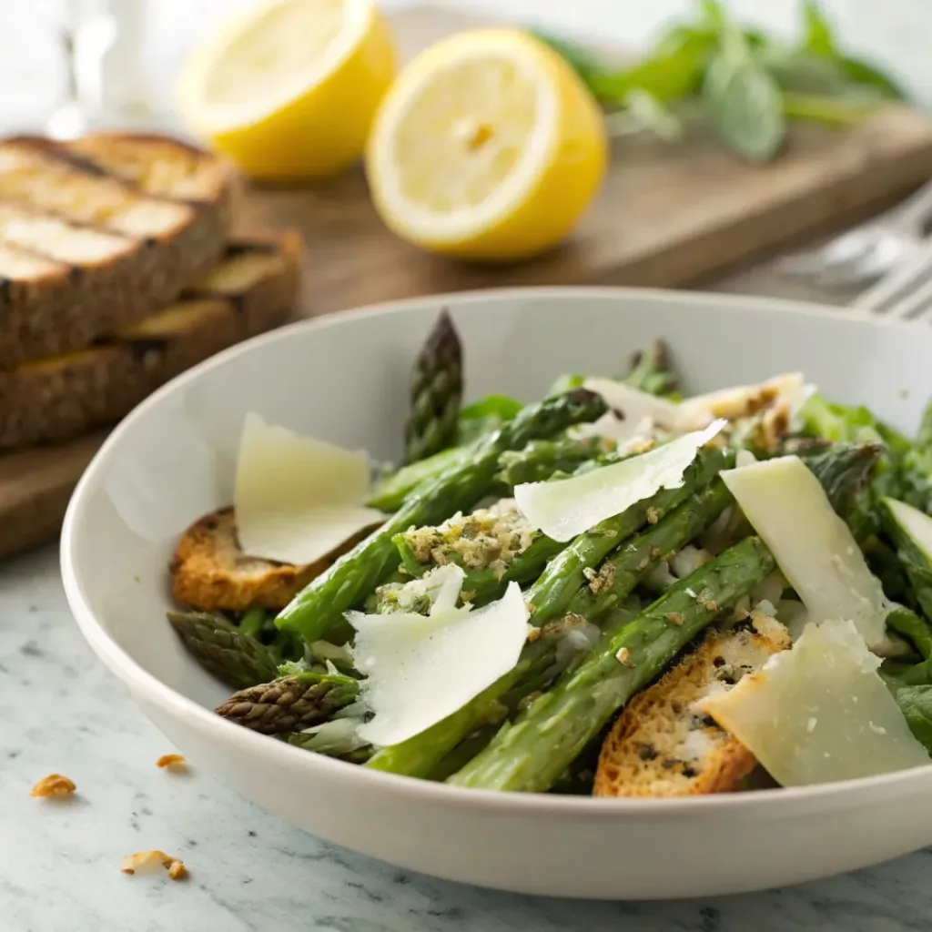 Grilled asparagus Caesar salad in a bowl garnished with Parmesan and lemon wedges, paired with bread.