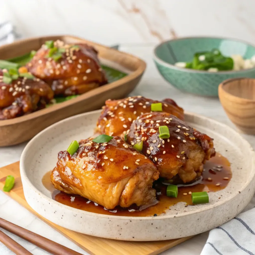 Juicy honey garlic chicken thighs glazed with caramelized sauce.
