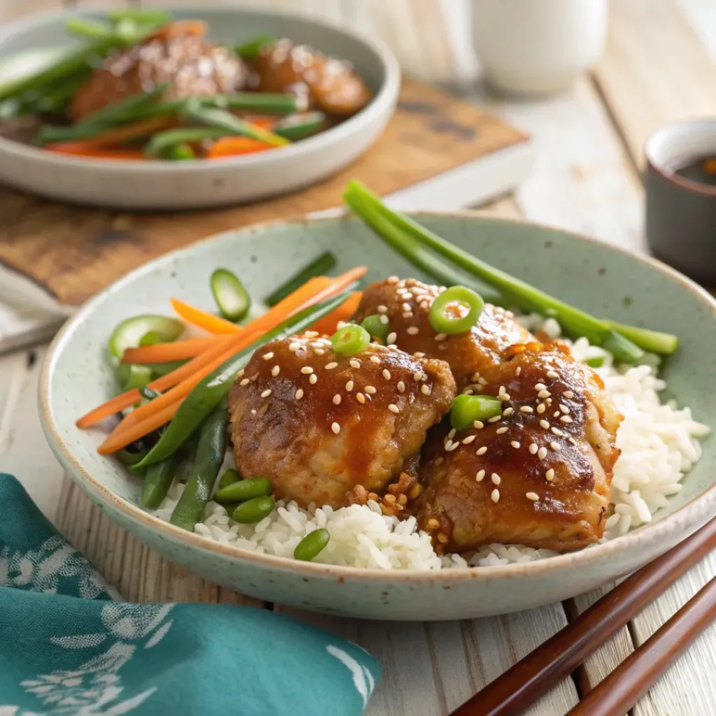 Honey garlic chicken thighs served on a plate with steamed rice and vegetables.
