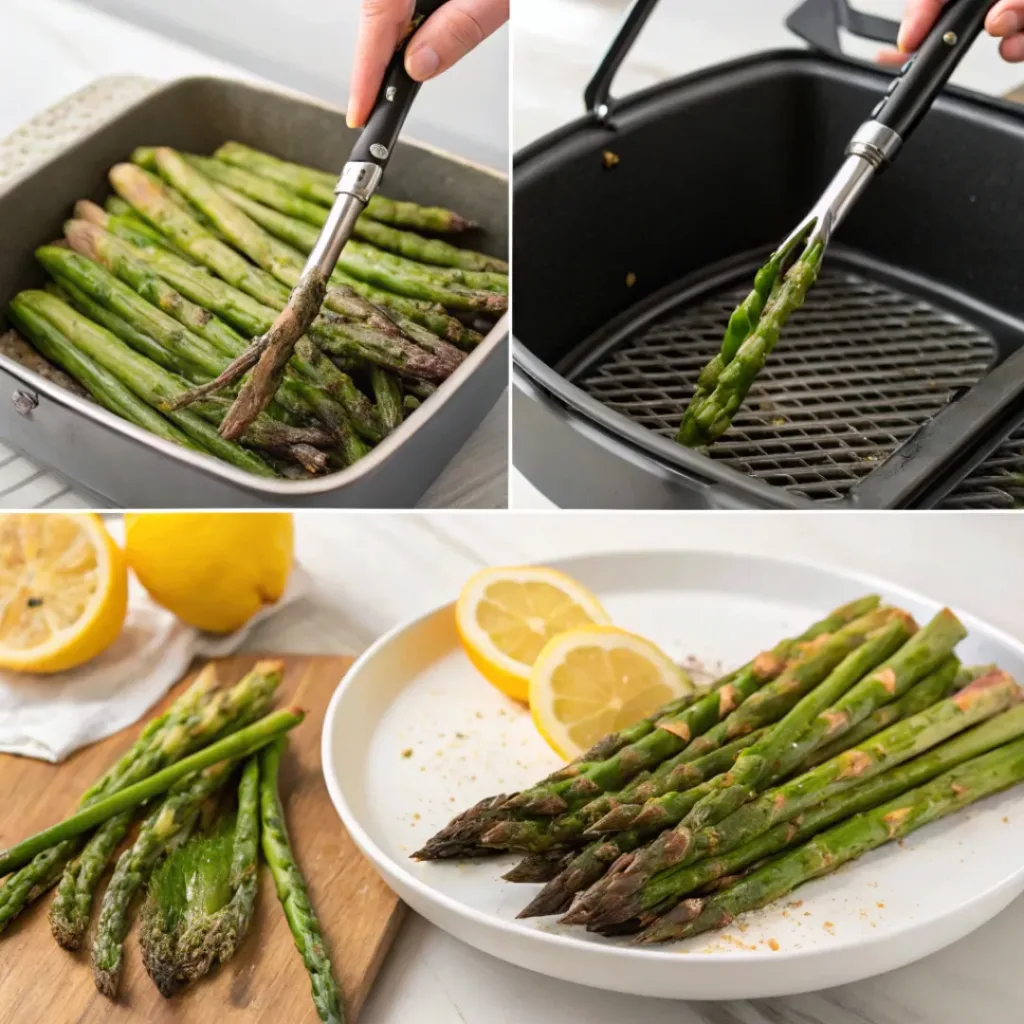 Air Fryer Asparagus – Crispy & Healthy Side 7 Step-by-step collage showing seasoning, air frying, checking doneness, and plating asparagus.