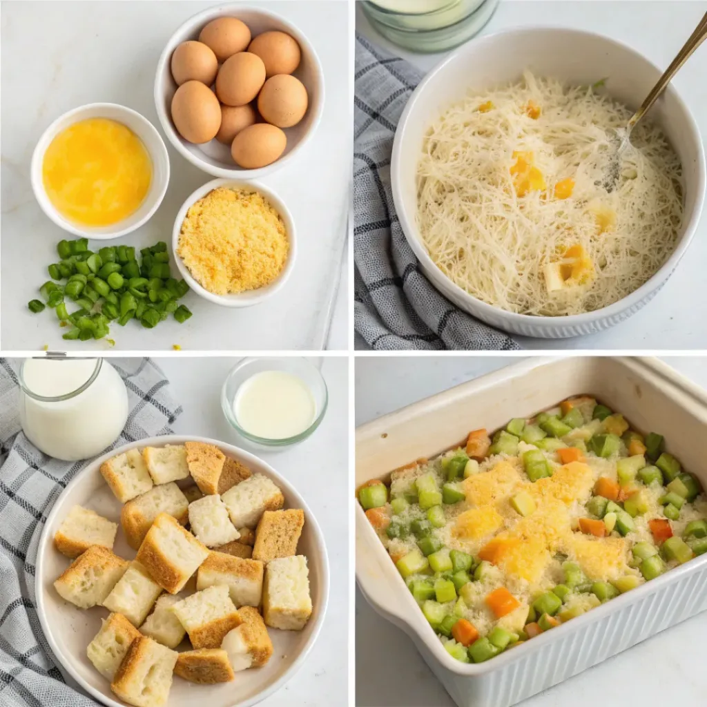 Step-by-step collage showing preparation of Amish breakfast casserole from ingredients to baked dish.