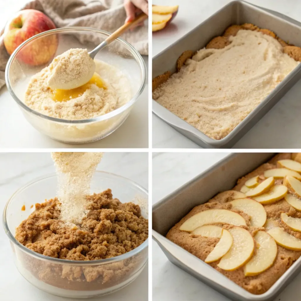 Step-by-step collage showing preparation and baking of apple cinnamon coffee cake