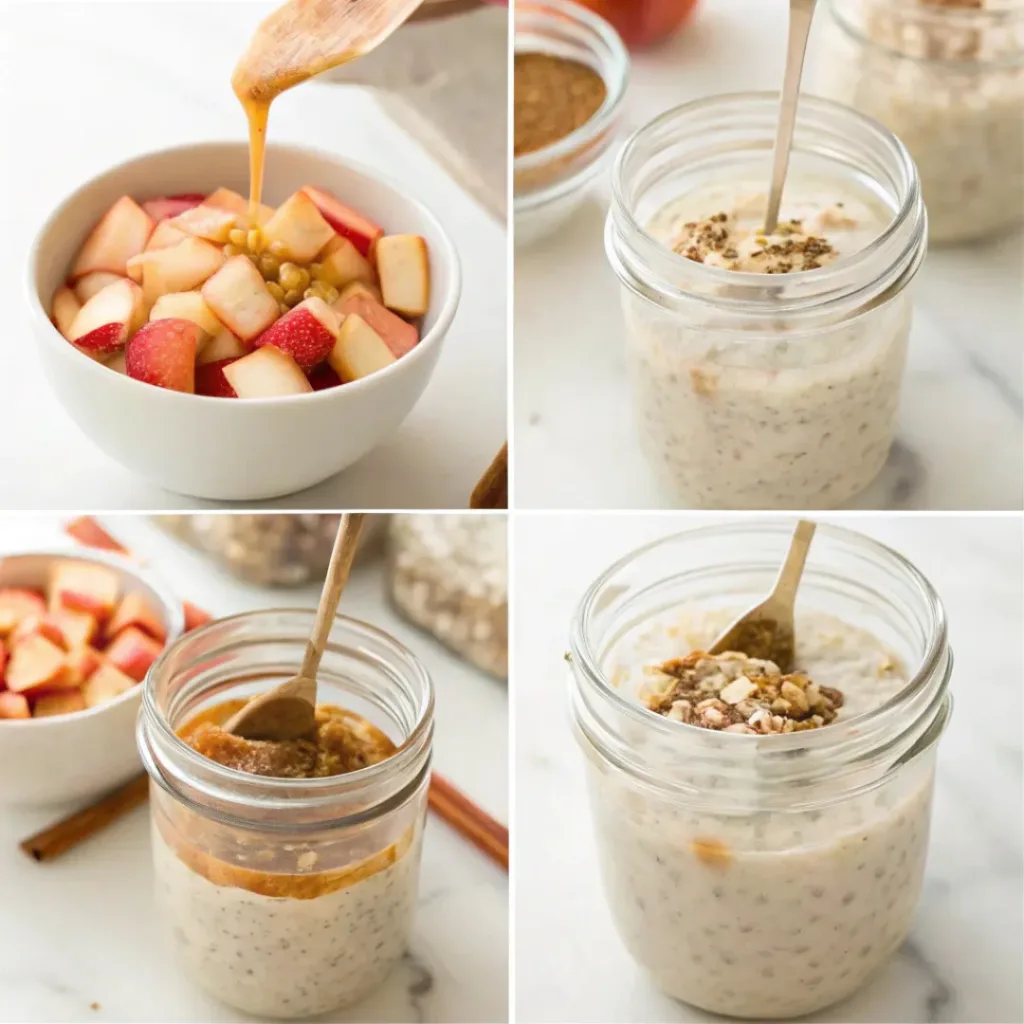 Step-by-step collage showing mixing oats, adding apples, stirring cinnamon and honey, and jars ready in fridge.