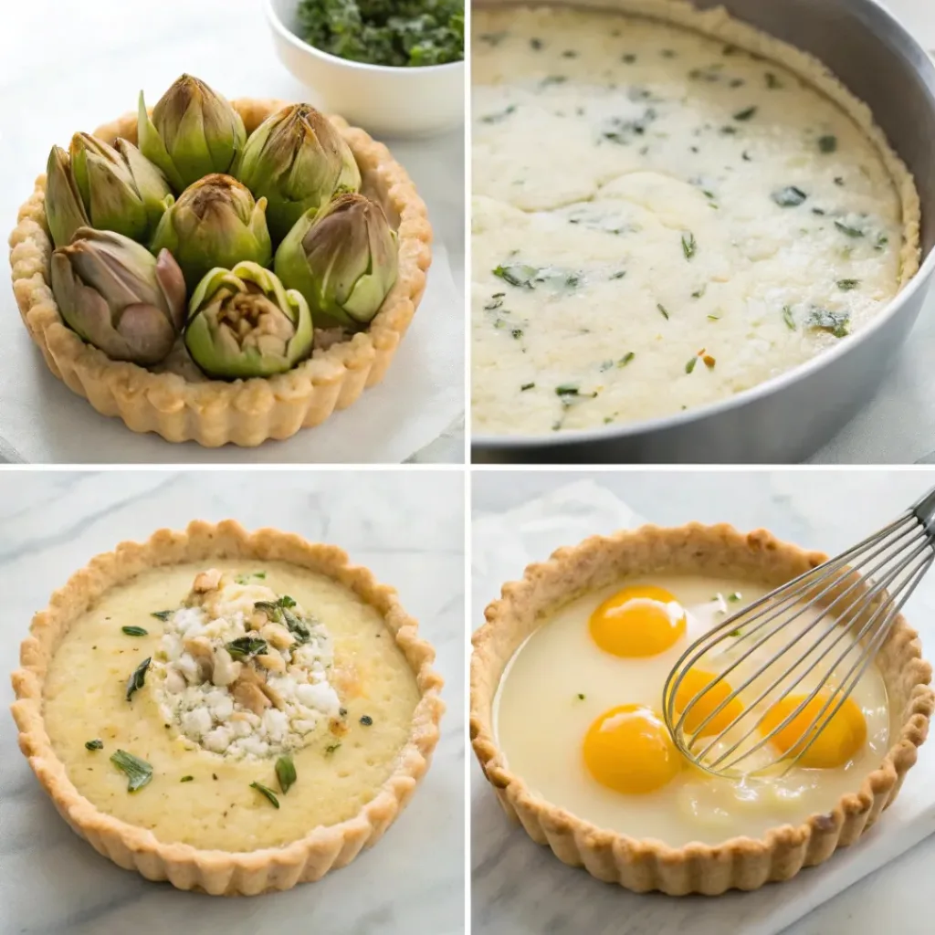 Step-by-step collage showing preparation of artichoke gouda tart from ingredients to baked tart.