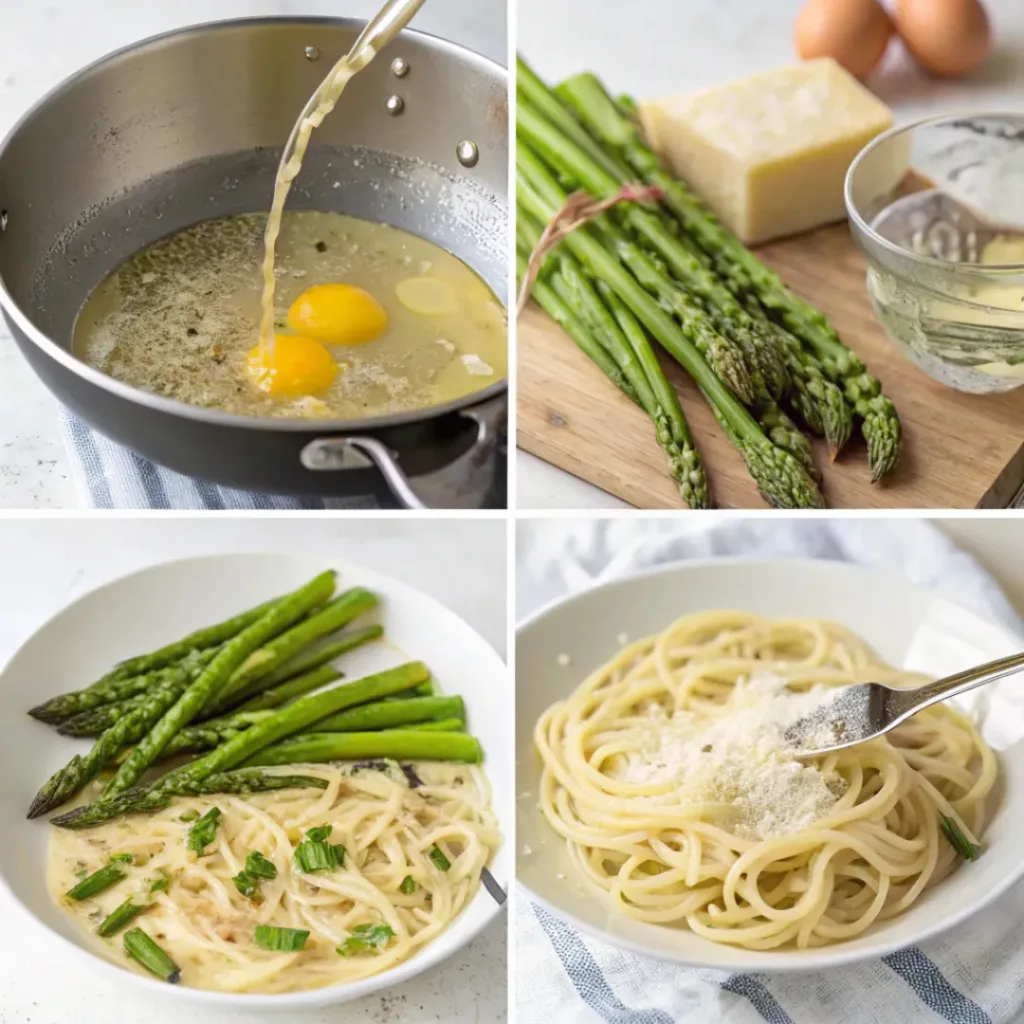 Asparagus Carbonara – Creamy & Easy Pasta 7 Step-by-step collage showing cooking asparagus, tossing pasta, mixing sauce, and plating carbonara.