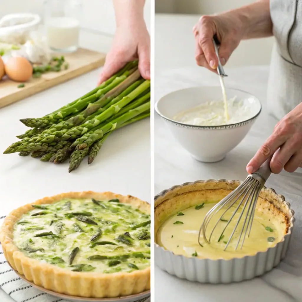 Step-by-step collage showing preparation of asparagus goat cheese quiche from ingredients to baked quiche.