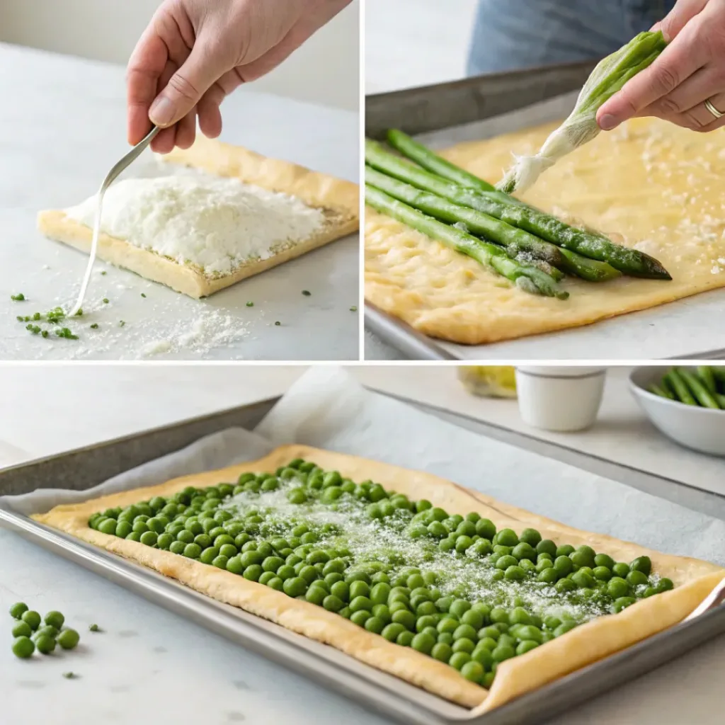 Asparagus Pea Tart – Fresh Spring Vegetable Delight 7 Step-by-step collage of assembling and baking asparagus pea tart