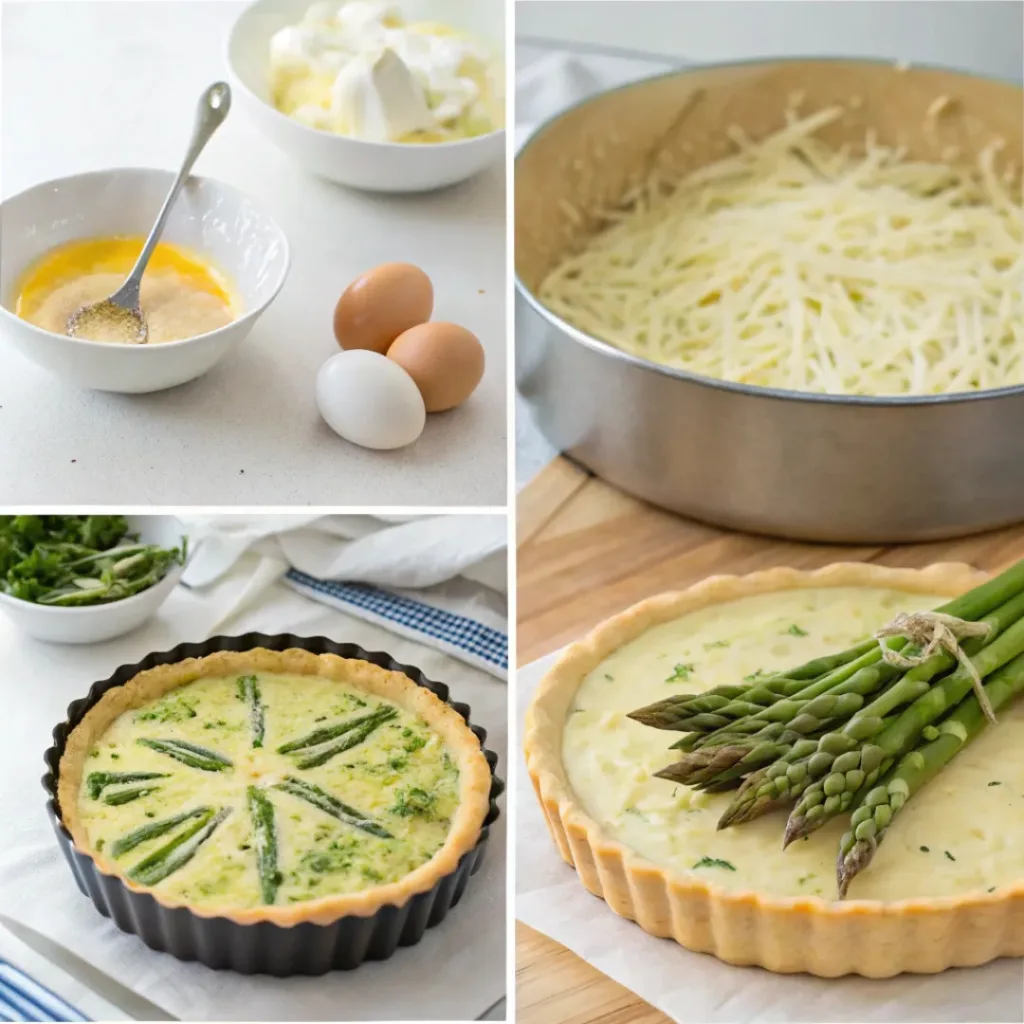 Asparagus Quiche – Creamy Spring Brunch Classic 7 Step-by-step collage of preparing and baking asparagus quiche