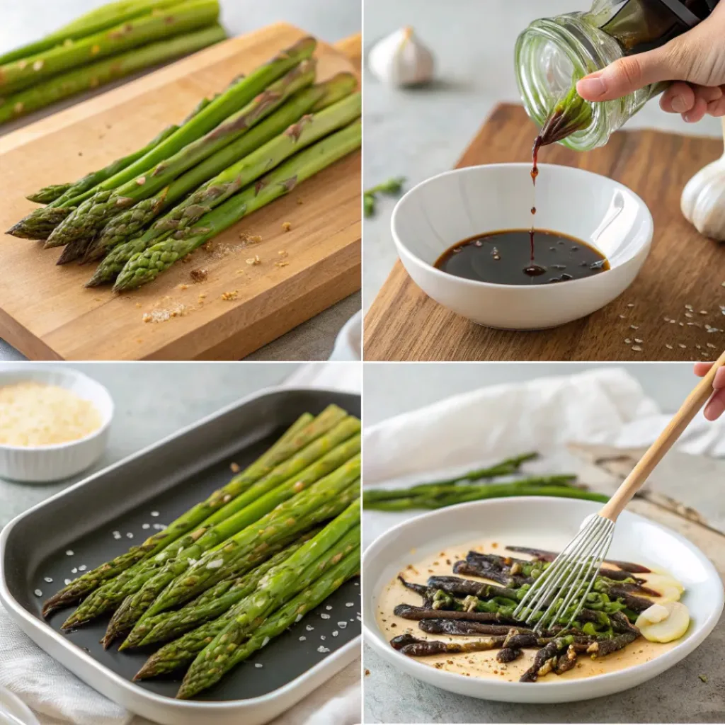 Step-by-step collage showing preparing asparagus, making glaze, coating asparagus, and serving.