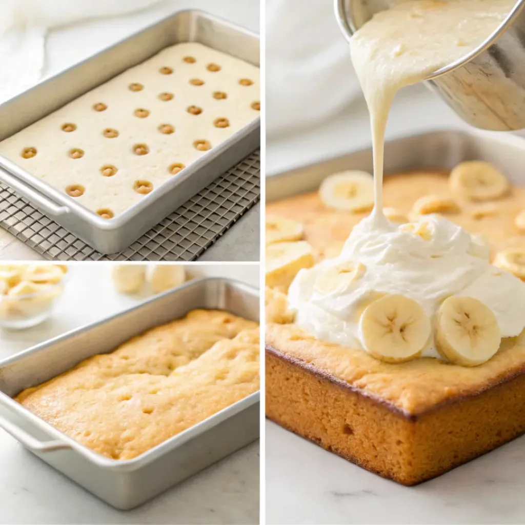 Step-by-step collage showing baking cake, poking holes, pouring pudding, and topping with whipped cream.