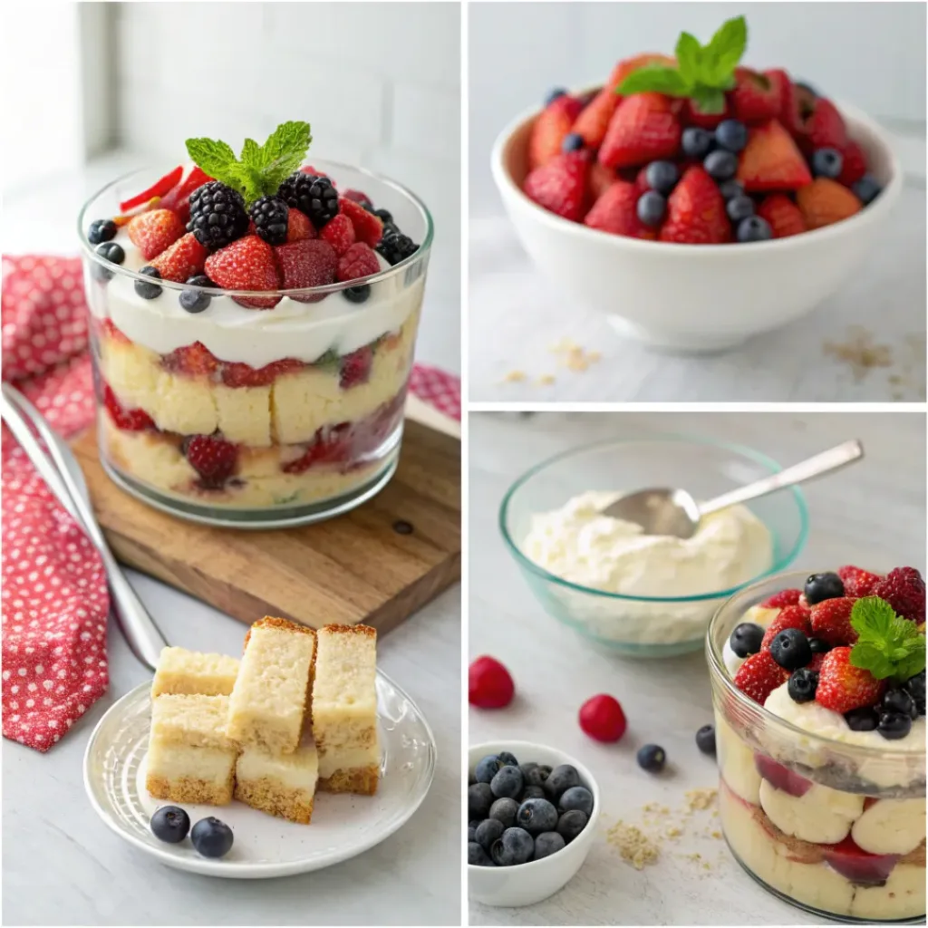 Step-by-step collage showing preparation of berry trifle from cake and berries to finished dessert.