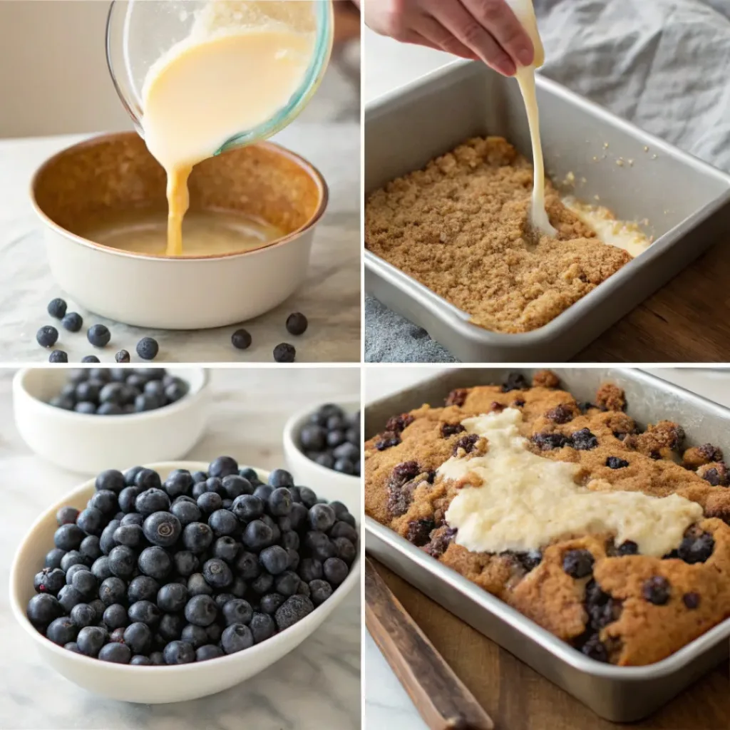 Four step collage showing browning butter, mixing batter, adding streusel, and glazing cake