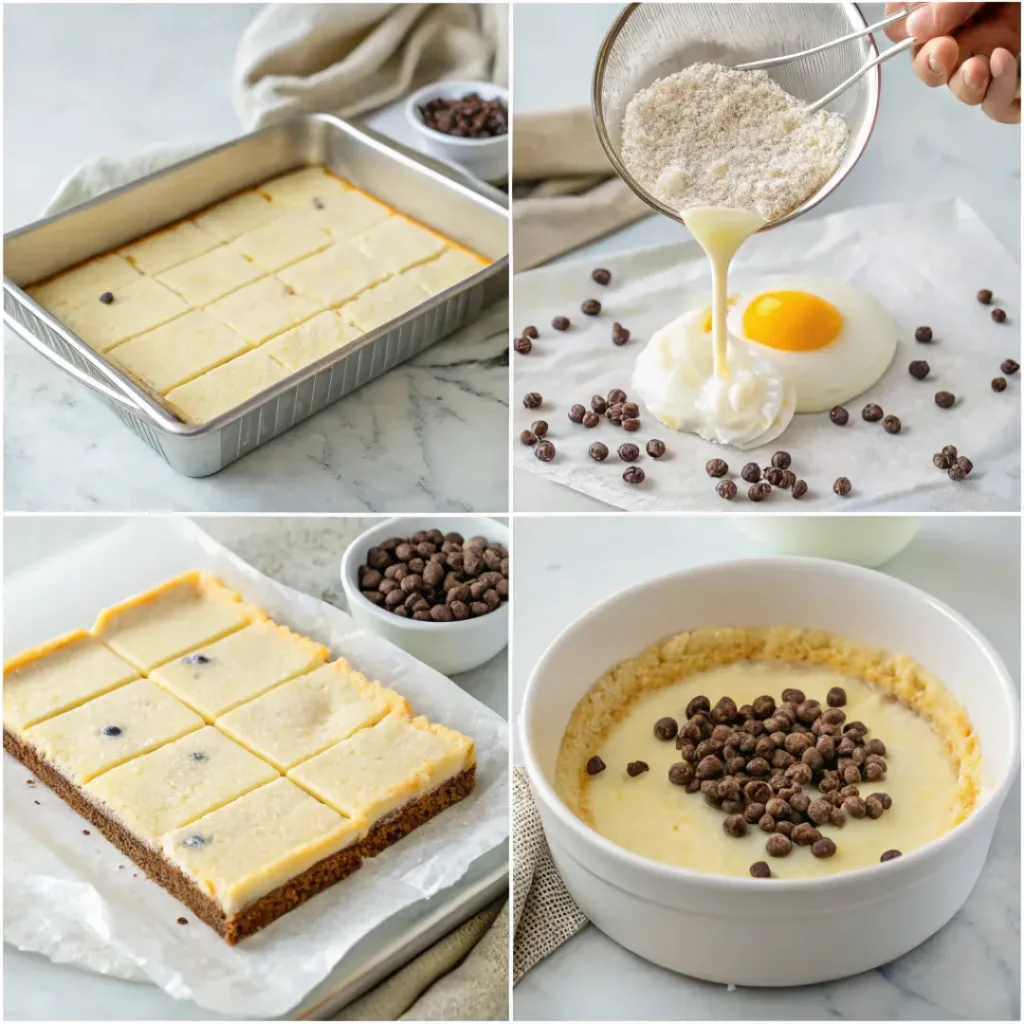 Cannoli Cheesecake Bars – Creamy Italian Dessert Bars 7 Step-by-step collage showing preparing crust, mixing cheesecake filling, assembling bars, and baking.