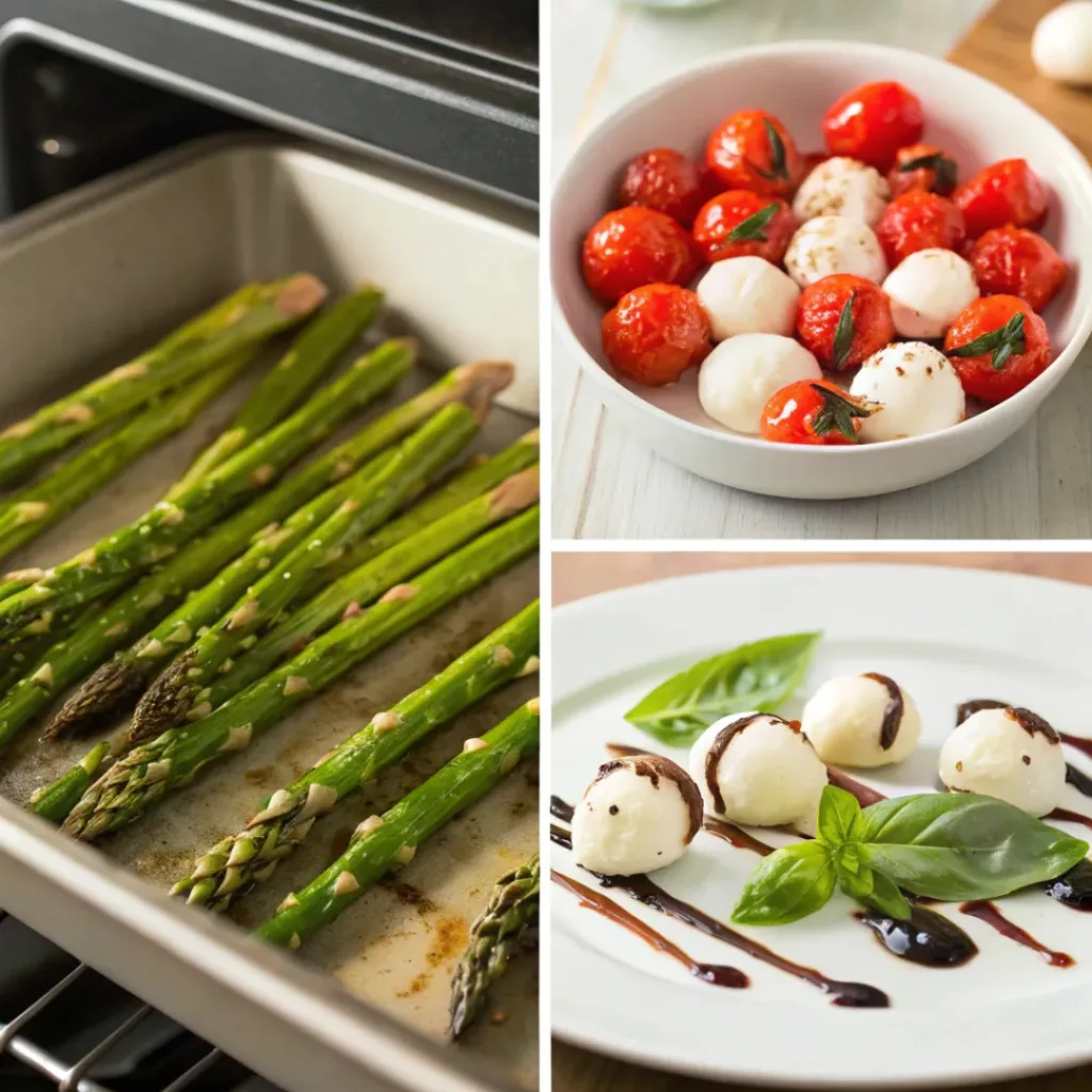 Step-by-step collage showing roasting asparagus, preparing Caprese toppings, adding toppings, and serving.