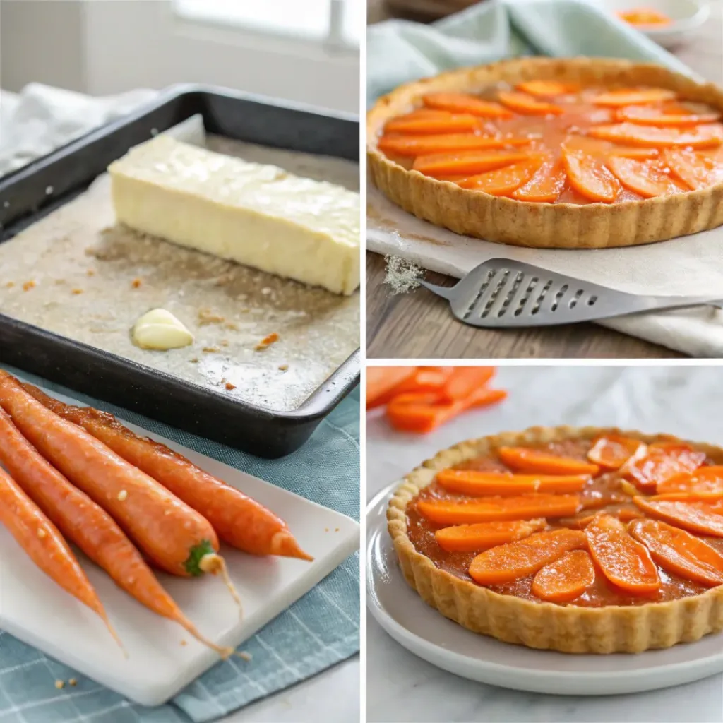 Step-by-step collage showing caramelizing carrots, preparing crust, arranging carrots, and baking tart.