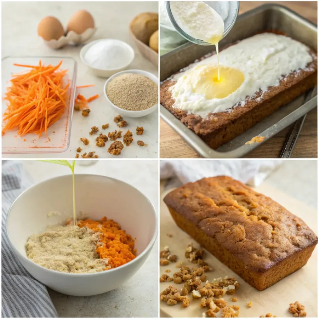 Step-by-step collage showing preparation of carrot cake loaf from mixing to baked loaf.